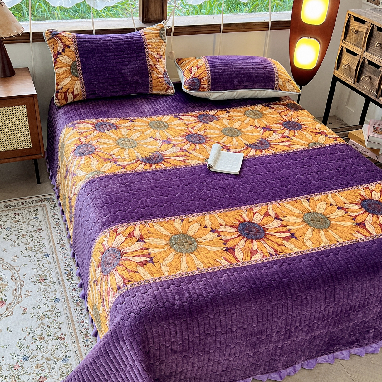 91家纺网 家纺一手货源 找家纺 默忆 2025新款牛奶绒夹棉花边韩版印花床盖三件套加厚保暖多功能单床盖 一举夺葵