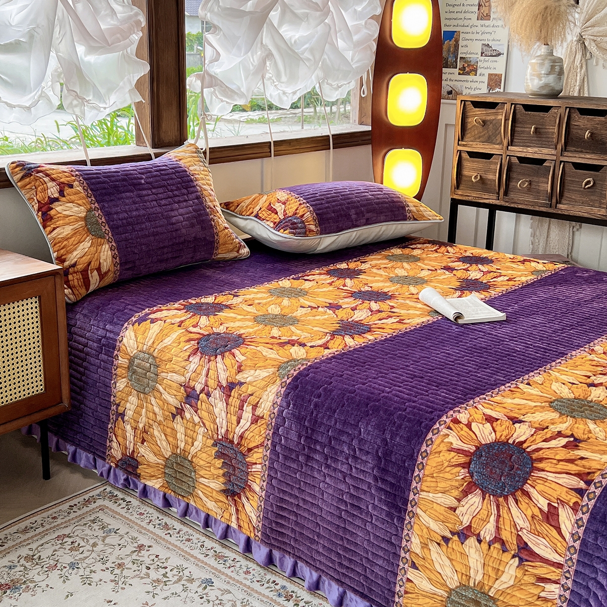 91家纺网 家纺一手货源 找家纺 默忆 2025新款牛奶绒夹棉花边韩版印花床盖三件套加厚保暖多功能单床盖 一举夺葵