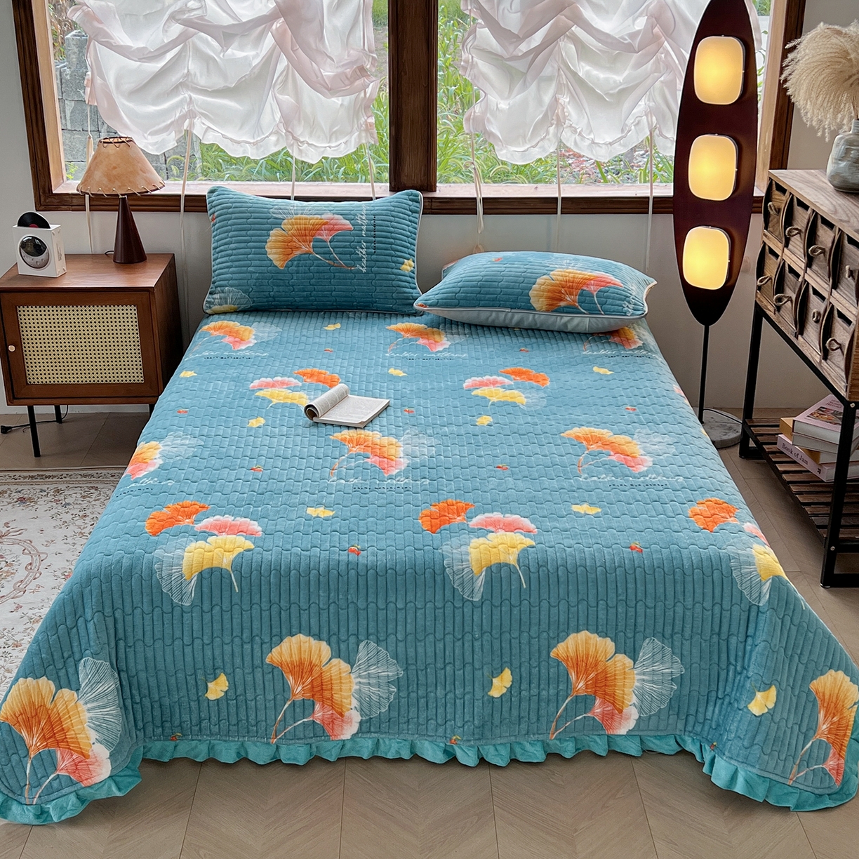 默忆 2025新款牛奶绒夹棉花边韩版印花床盖三件套加厚保暖多功能单床盖 银杏叶-蓝