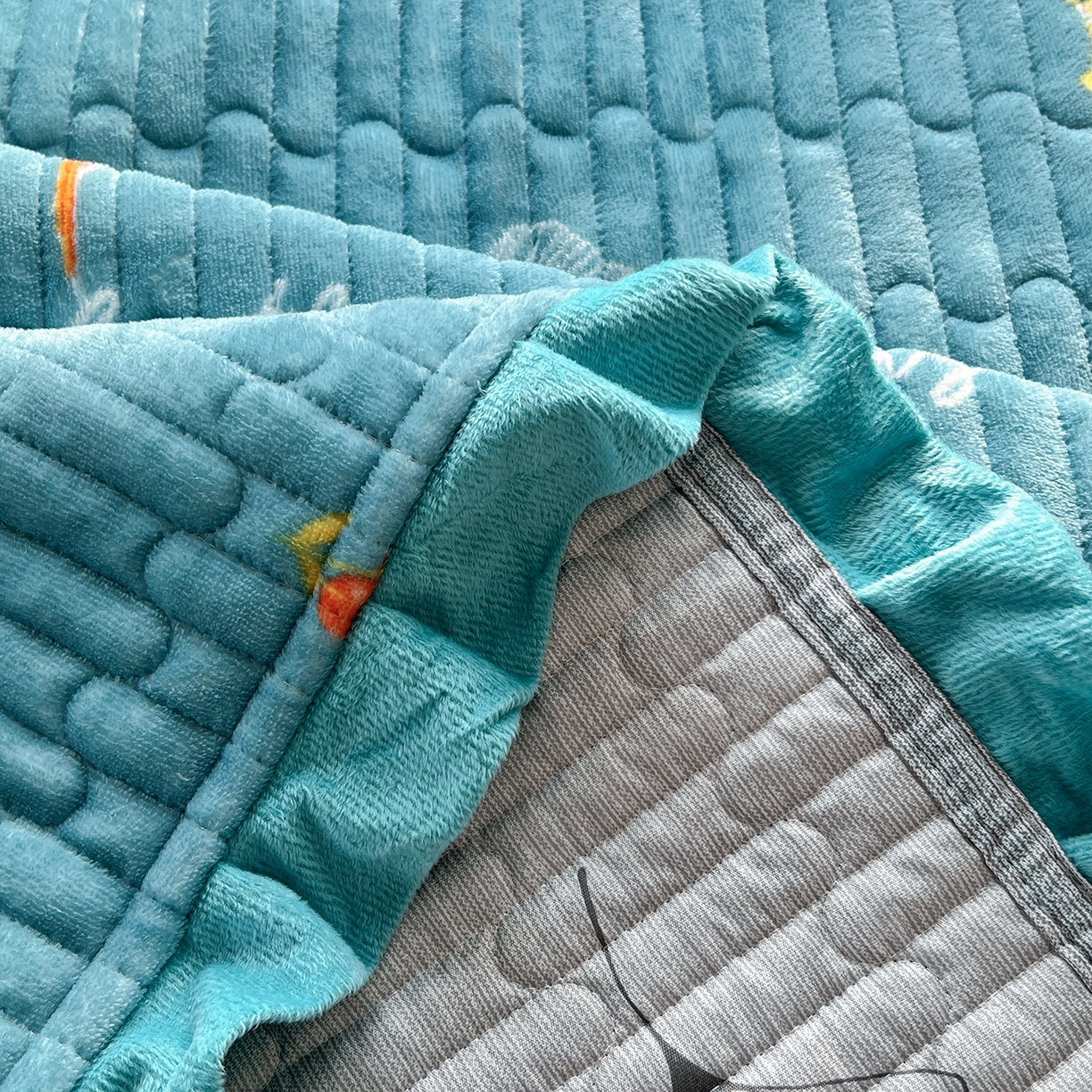 91家纺网 家纺一手货源 找家纺 默忆 2025新款牛奶绒夹棉花边韩版印花床盖三件套加厚保暖多功能单床盖 银杏叶-蓝