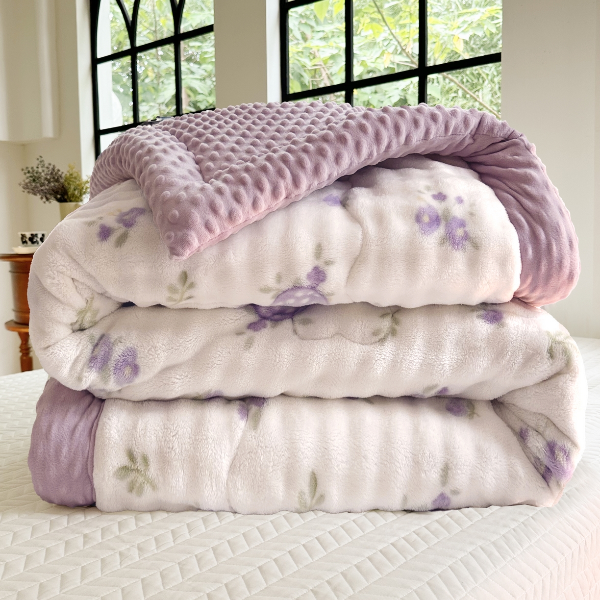 91家纺网 家纺一手货源 找家纺 优迈 2025直播热款A+兔兔绒豆豆被三层夹棉加厚毛毯毯子牛奶绒冬被泡泡兔毛绒保暖被子被芯 福蝶将至-紫