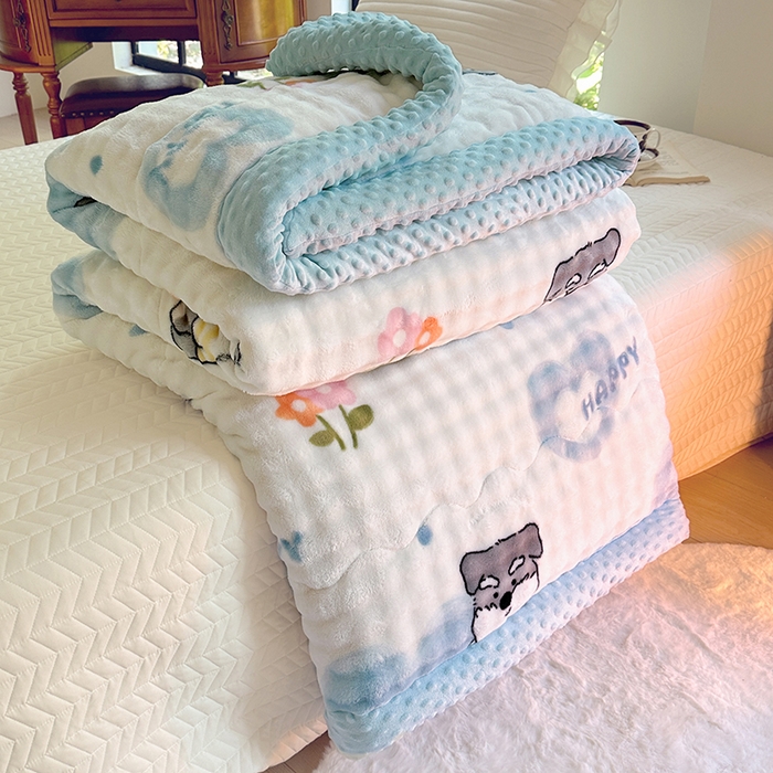 91家纺网 家纺一手货源 找家纺 优迈 2025直播热款A+兔兔绒豆豆被三层夹棉加厚毛毯毯子牛奶绒冬被泡泡兔毛绒保暖被子被芯 嗨皮狗狗