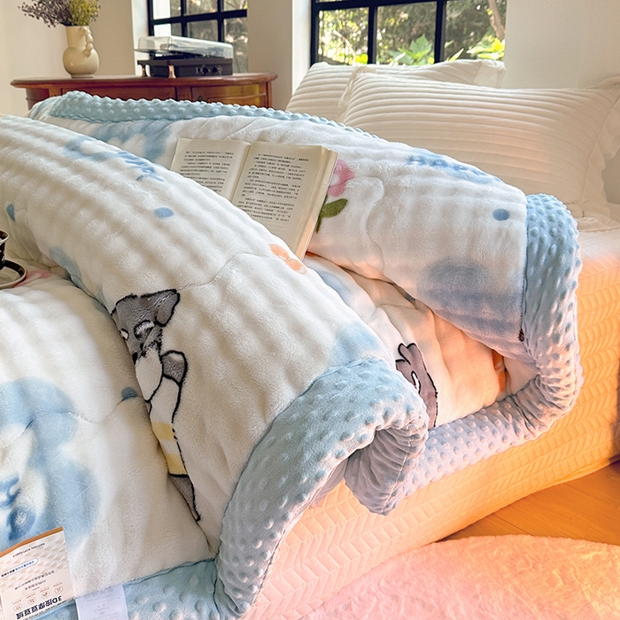 91家纺网 家纺一手货源 找家纺 优迈 2025直播热款A+兔兔绒豆豆被三层夹棉加厚毛毯毯子牛奶绒冬被泡泡兔毛绒保暖被子被芯 嗨皮狗狗