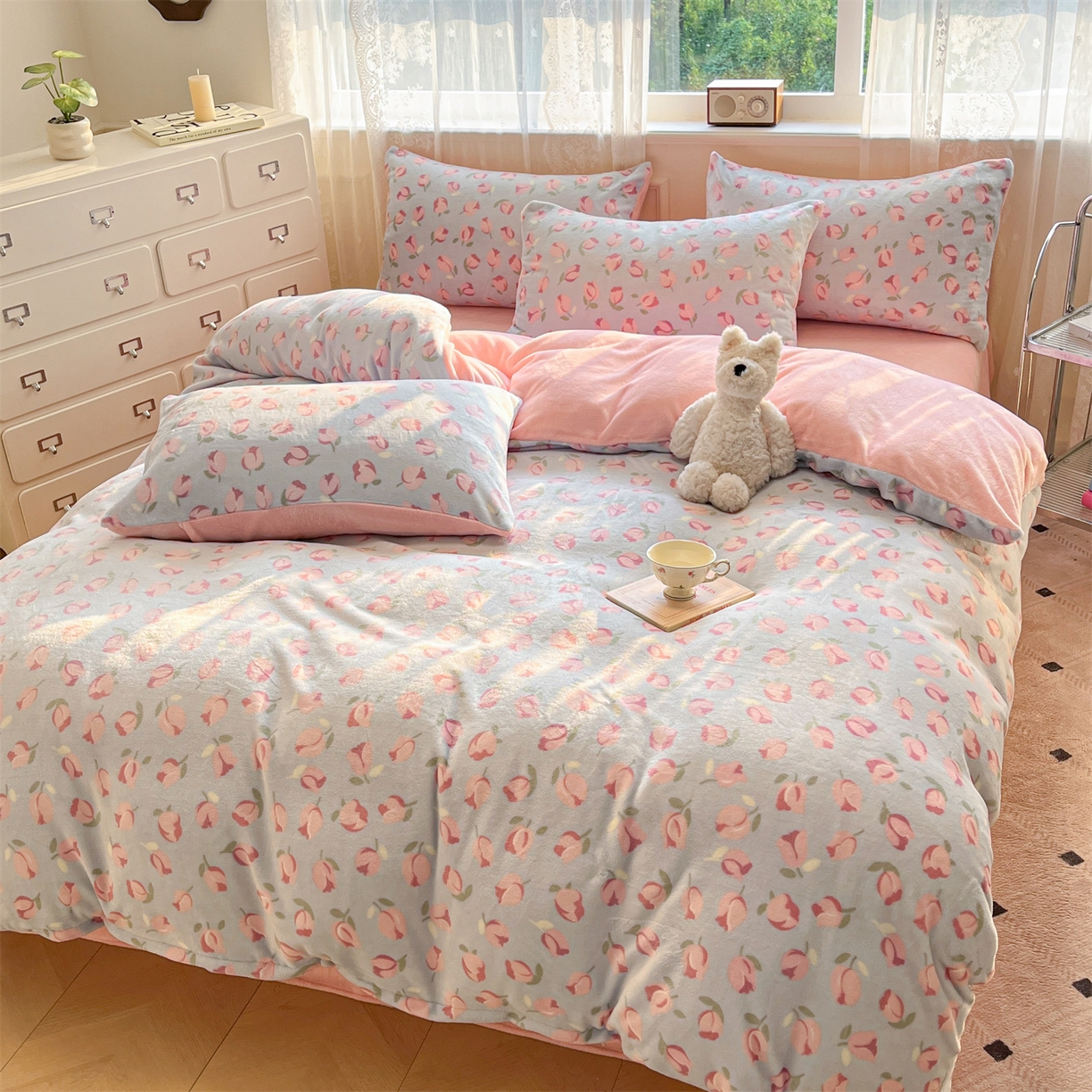 91家纺网 家纺一手货源 找家纺 欧尚家纺 2025新款跑量牛奶绒四件套 郁金香