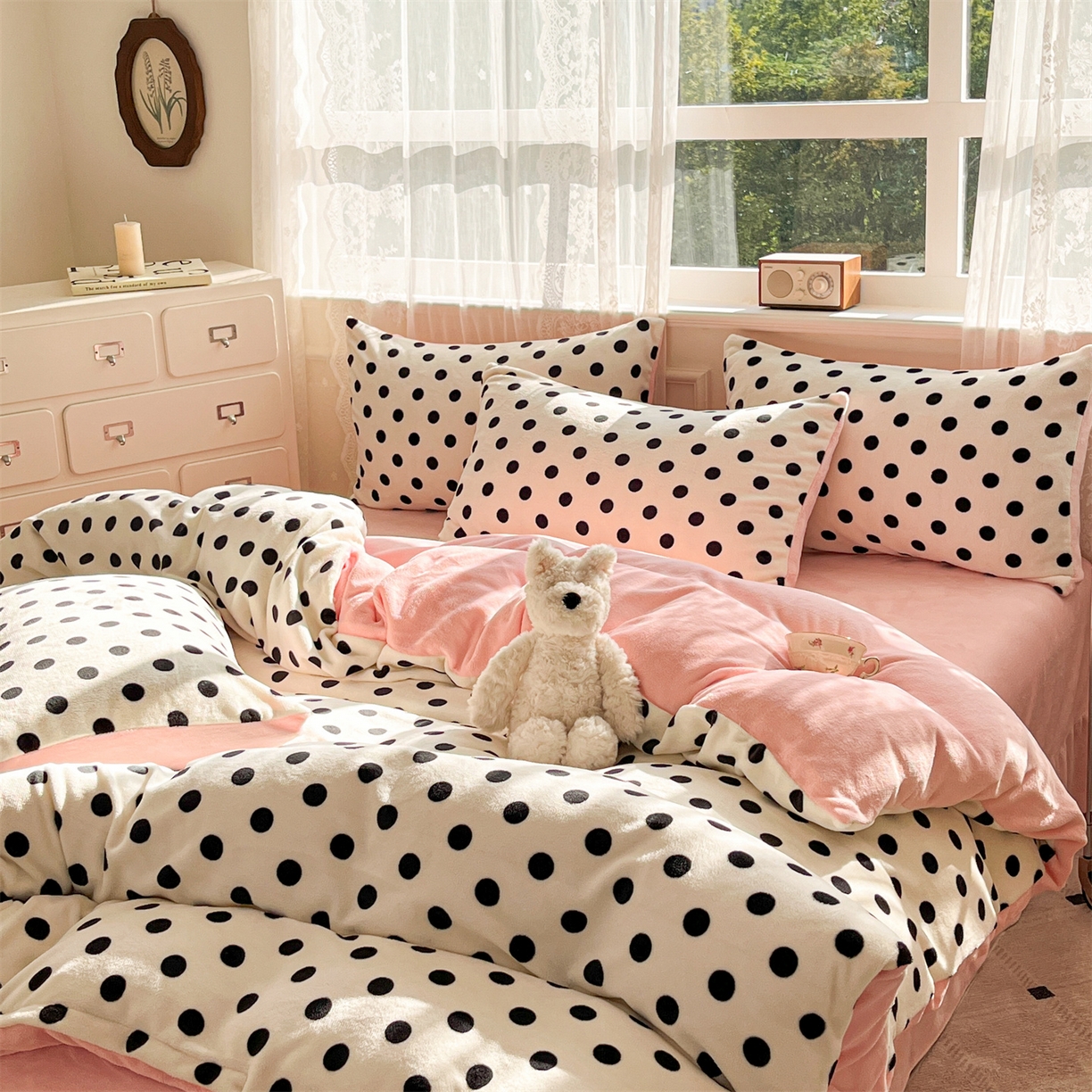 91家纺网 家纺一手货源 找家纺 欧尚家纺 2025新款跑量牛奶绒四件套 白波点