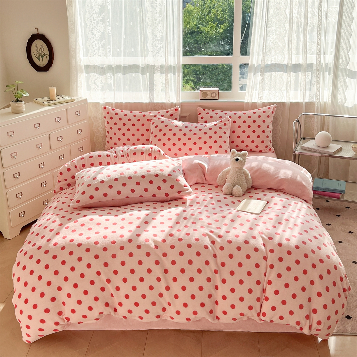 欧尚家纺 2025新款跑量牛奶绒四件套 粉波点