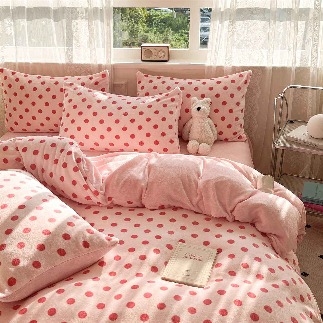 91家纺网 家纺一手货源 找家纺 欧尚家纺 2025新款跑量牛奶绒四件套 粉波点