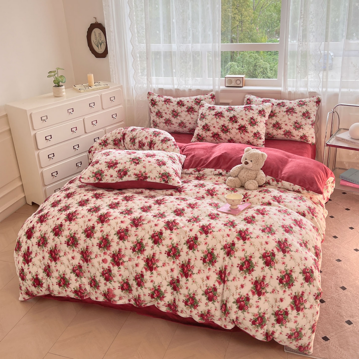 91家纺网 家纺一手货源 找家纺 欧尚家纺 2025新款跑量牛奶绒四件套 梨花落红