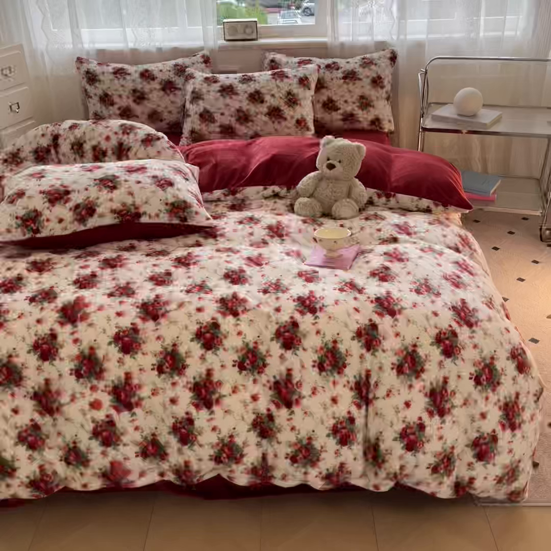 91家纺网 家纺一手货源 找家纺 欧尚家纺 2025新款跑量牛奶绒四件套 梨花落红