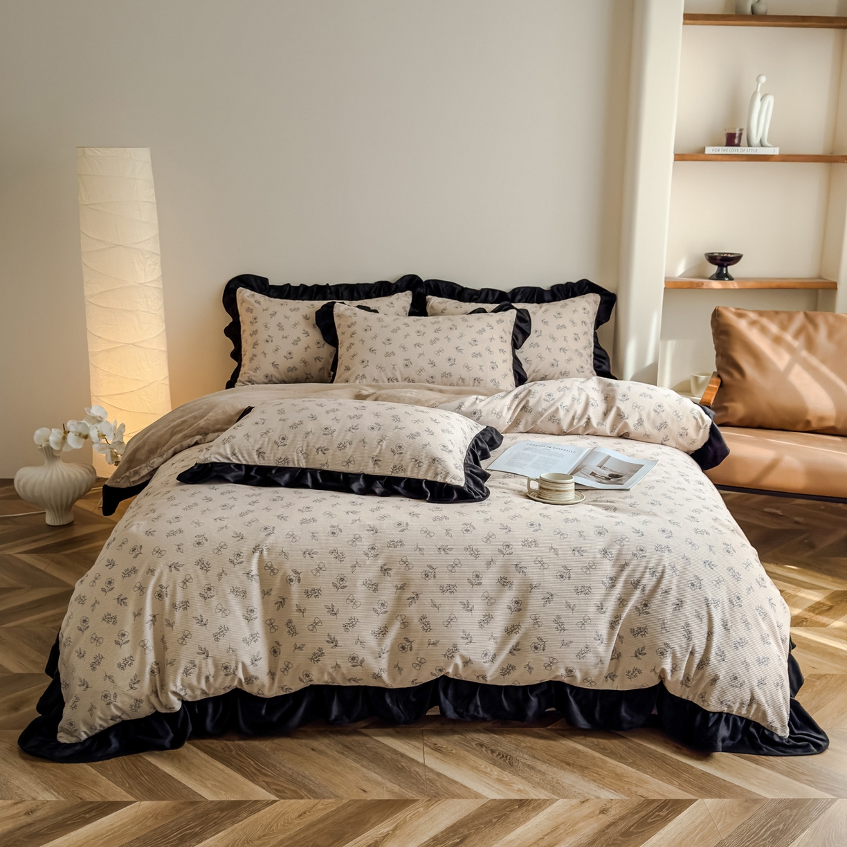 91家纺网 家纺一手货源 找家纺 启发 2025新款法式赫本风灯芯绒印花四件套 森系小花