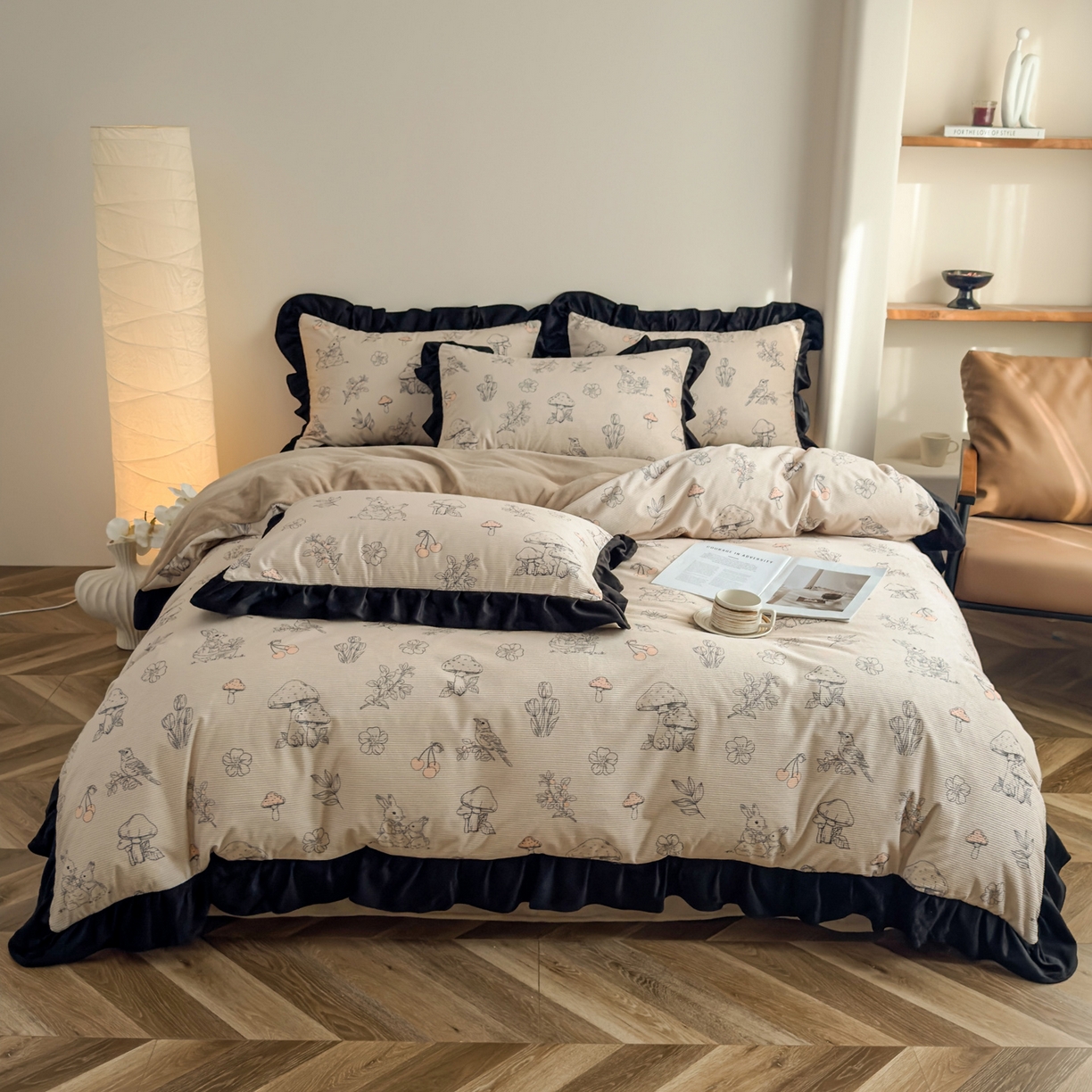 启发 2025新款法式赫本风灯芯绒印花四件套 蘑菇小兔