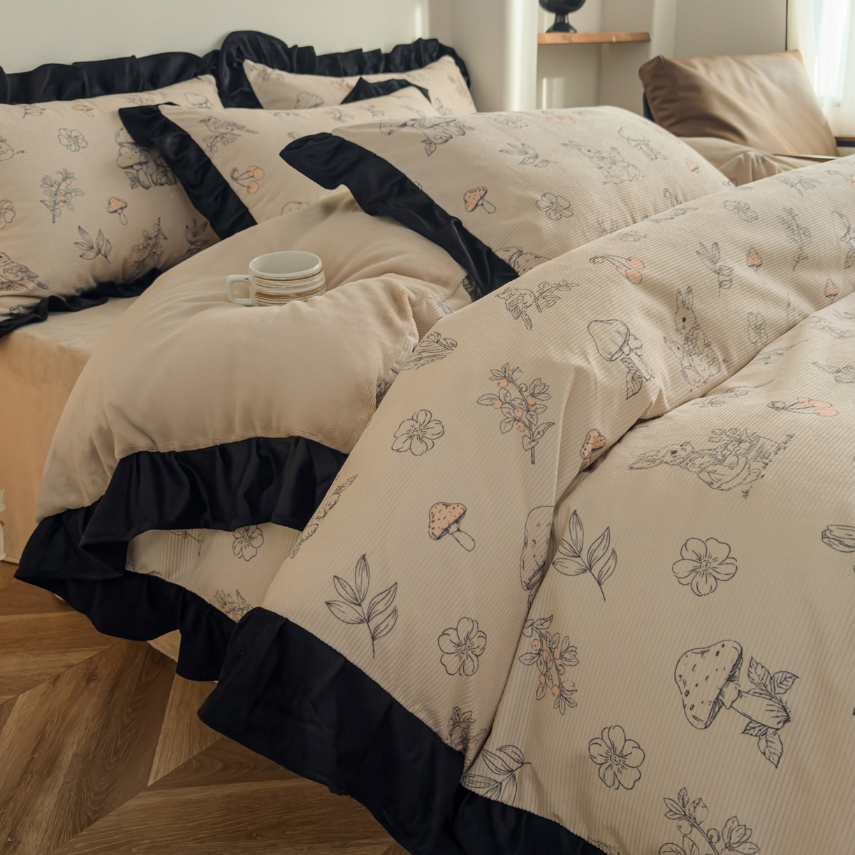 91家纺网 家纺一手货源 找家纺 启发 2025新款法式赫本风灯芯绒印花四件套 蘑菇小兔