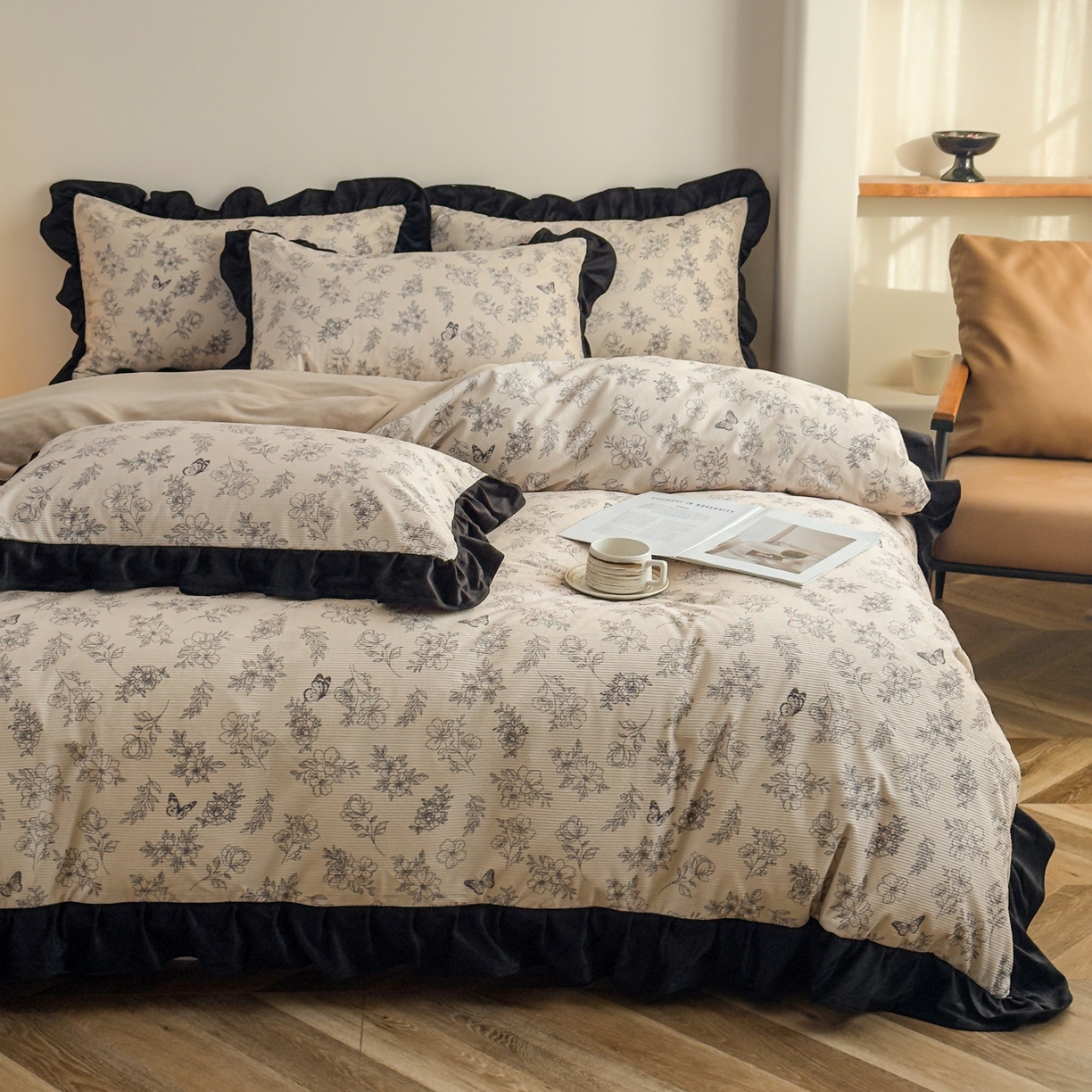 91家纺网 家纺一手货源 找家纺 启发 2025新款法式赫本风灯芯绒印花四件套 莫奈花园