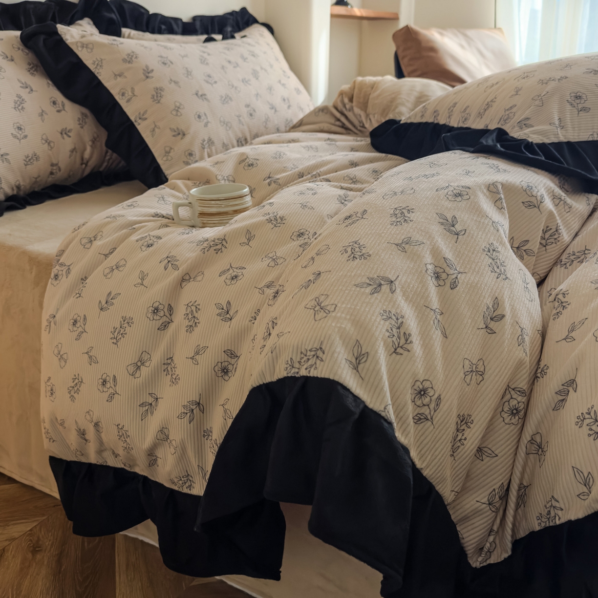 91家纺网 家纺一手货源 找家纺 启发 2025新款法式赫本风灯芯绒印花四件套 森系小花