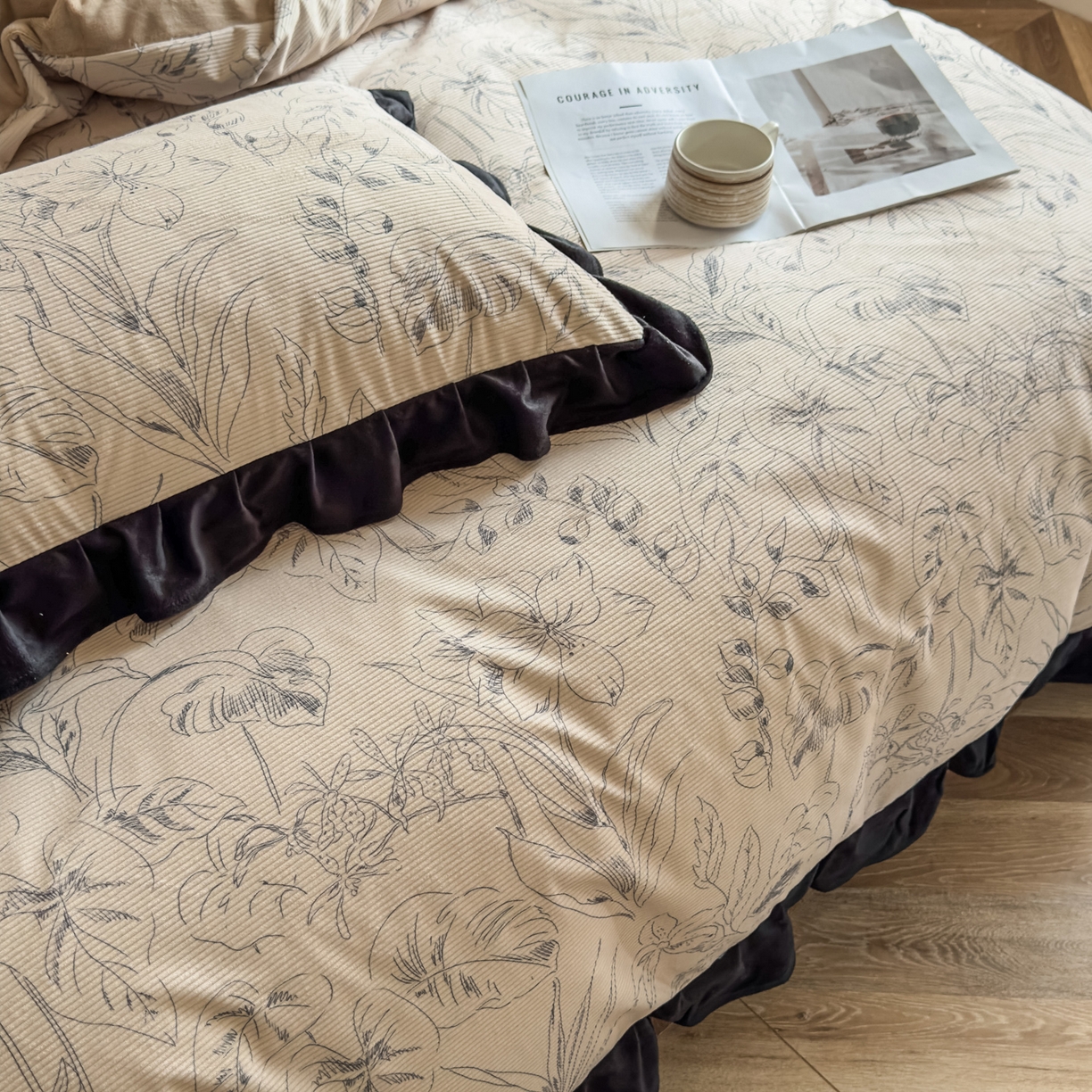 91家纺网 家纺一手货源 找家纺 启发 2025新款法式赫本风灯芯绒印花四件套 山水情缘