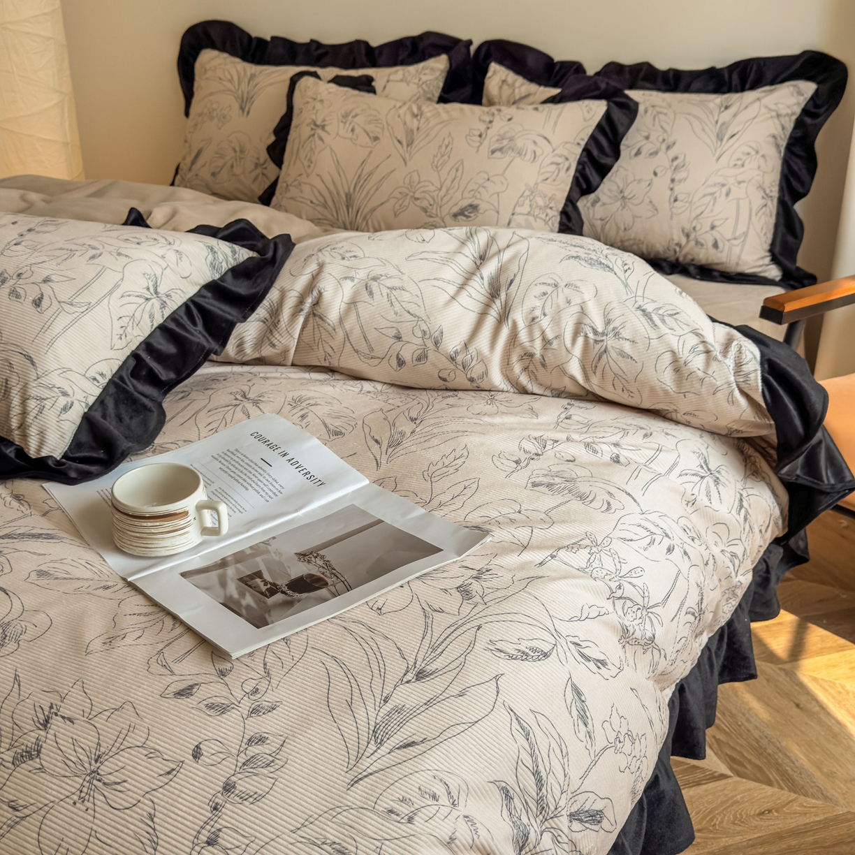 91家纺网 家纺一手货源 找家纺 启发 2025新款法式赫本风灯芯绒印花四件套 山水情缘