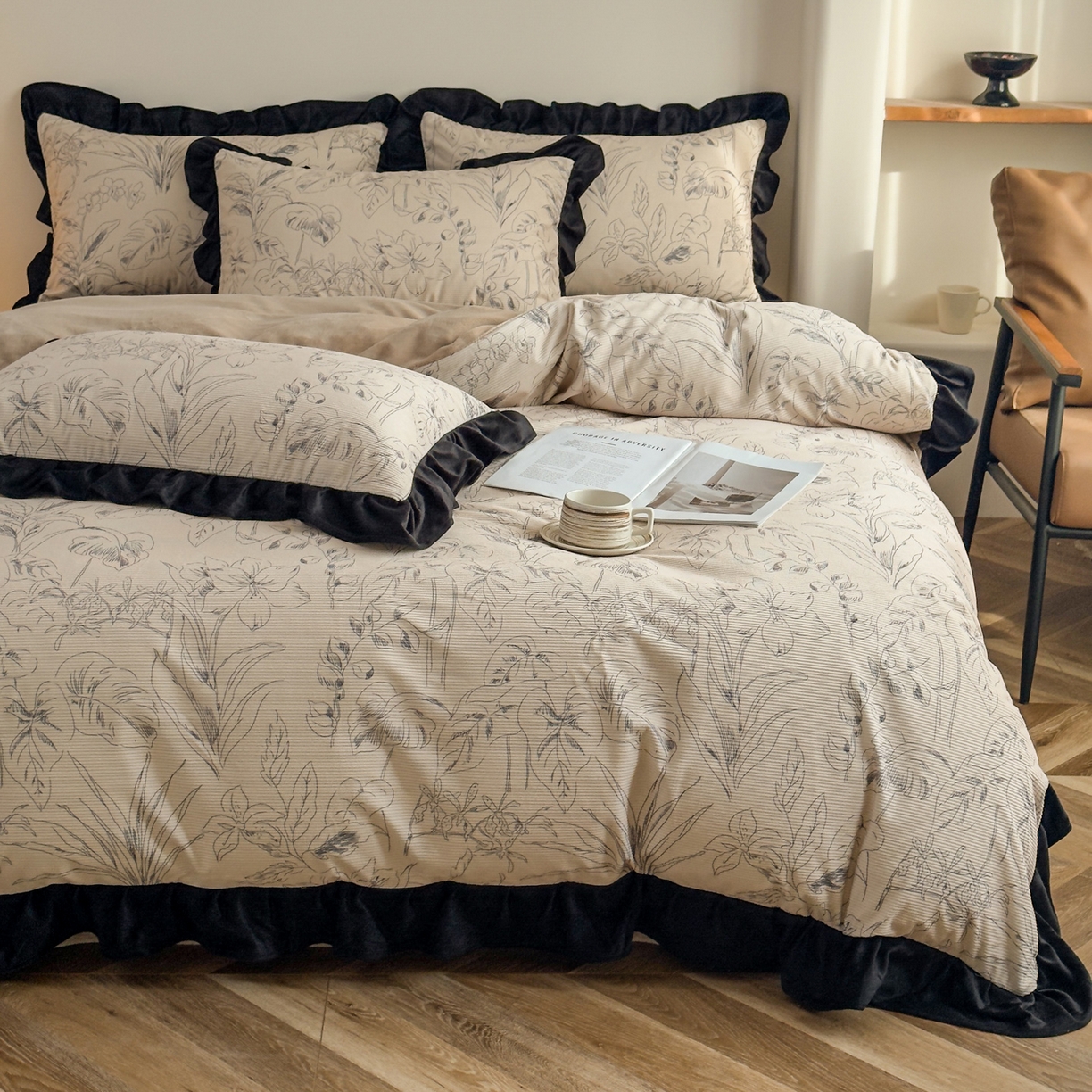 91家纺网 家纺一手货源 找家纺 启发 2025新款法式赫本风灯芯绒印花四件套 山水情缘