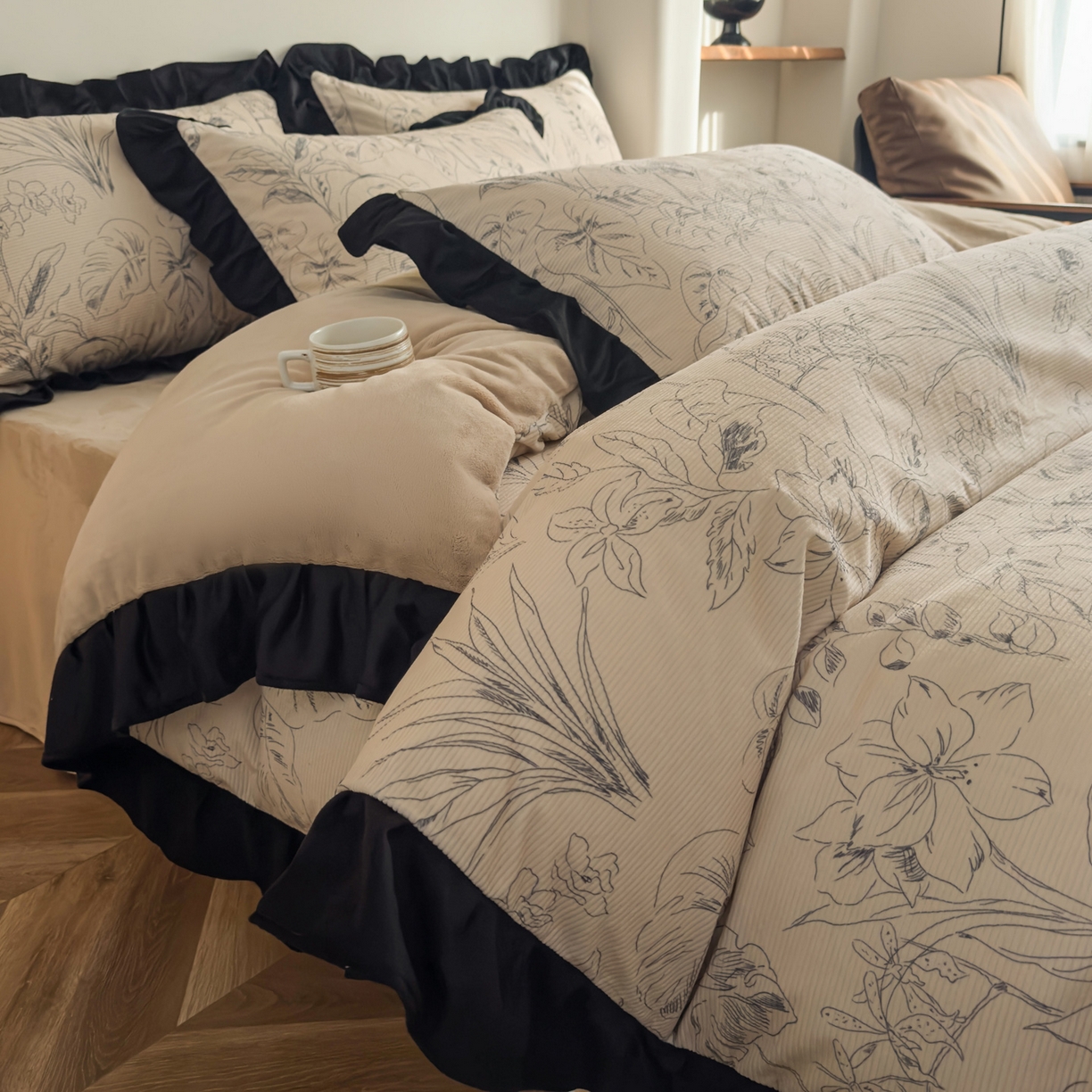 91家纺网 家纺一手货源 找家纺 启发 2025新款法式赫本风灯芯绒印花四件套 山水情缘