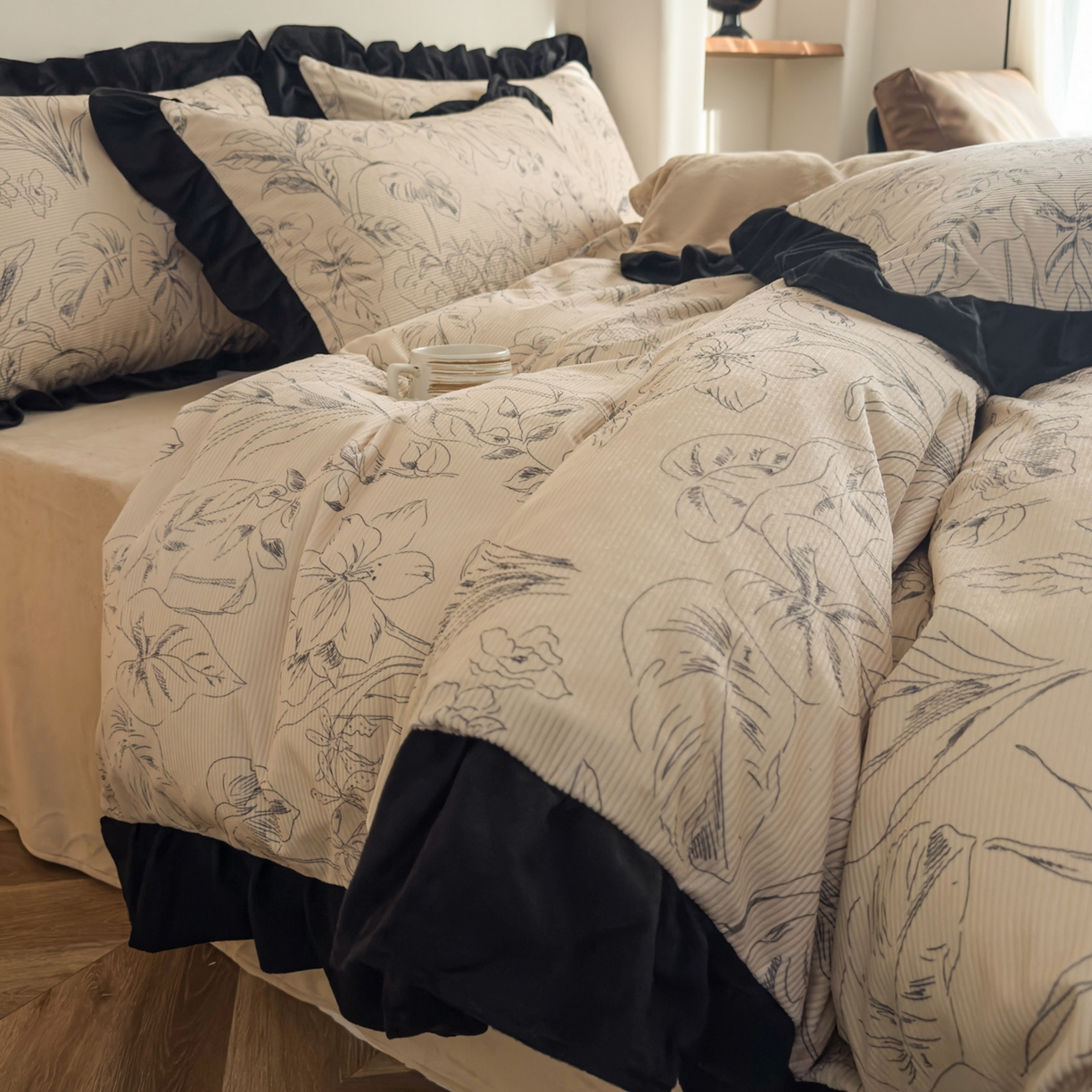 91家纺网 家纺一手货源 找家纺 启发 2025新款法式赫本风灯芯绒印花四件套 山水情缘