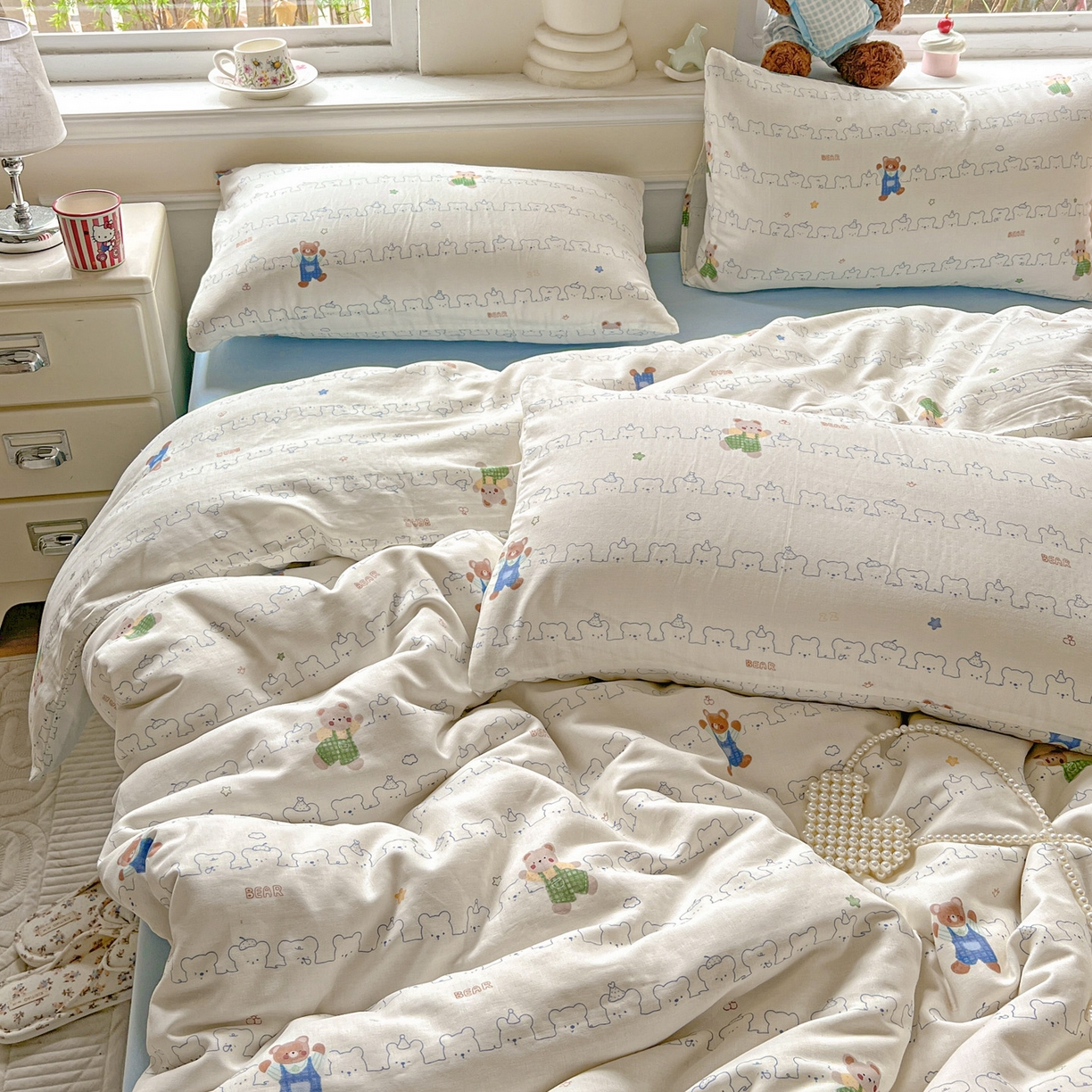 91家纺网 家纺一手货源 找家纺 典曼家纺 2025新款双层纱四件套 假日小熊