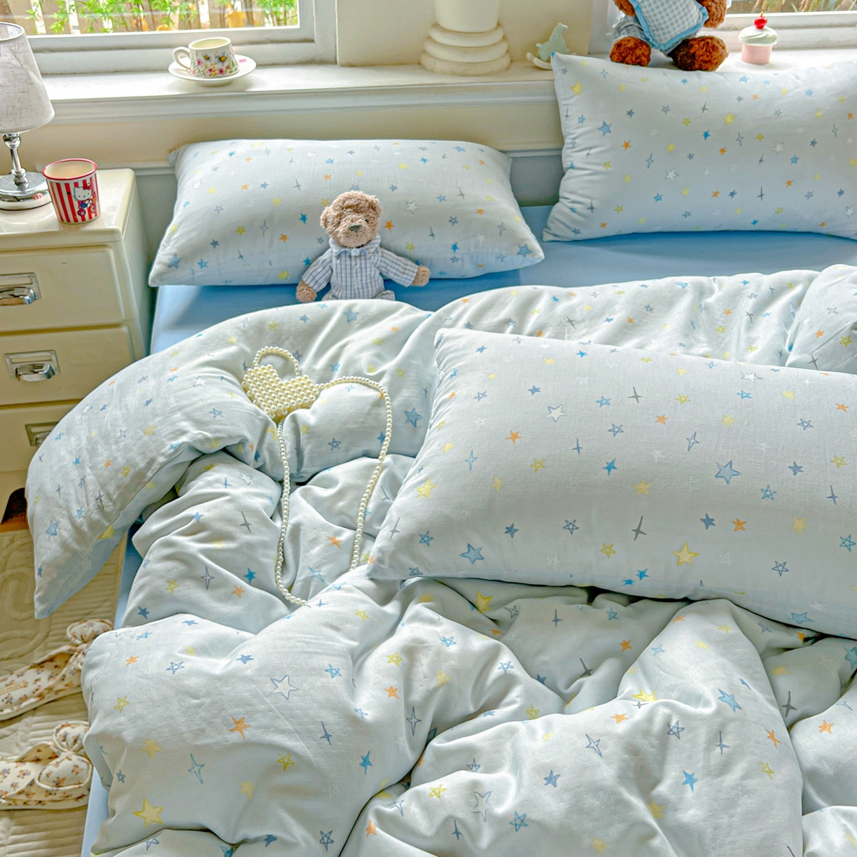 91家纺网 家纺一手货源 找家纺 典曼家纺 2025新款双层纱四件套 星星世界