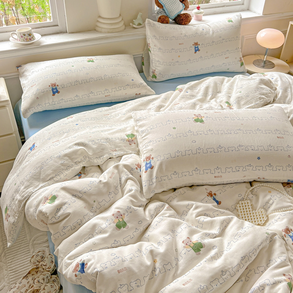 91家纺网 家纺一手货源 找家纺 典曼家纺 2025新款双层纱四件套 假日小熊