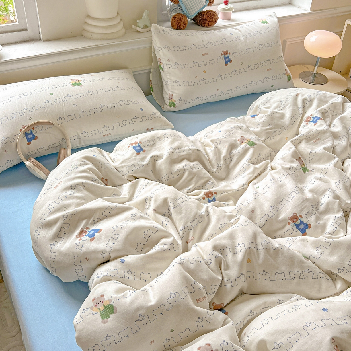 91家纺网 家纺一手货源 找家纺 典曼家纺 2025新款双层纱四件套 假日小熊