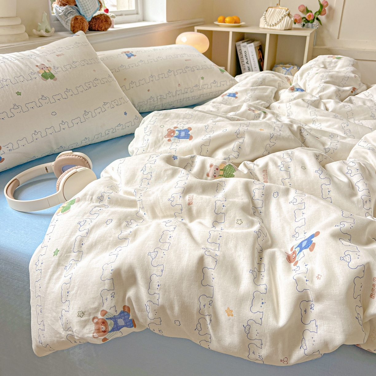 91家纺网 家纺一手货源 找家纺 典曼家纺 2025新款双层纱四件套 假日小熊