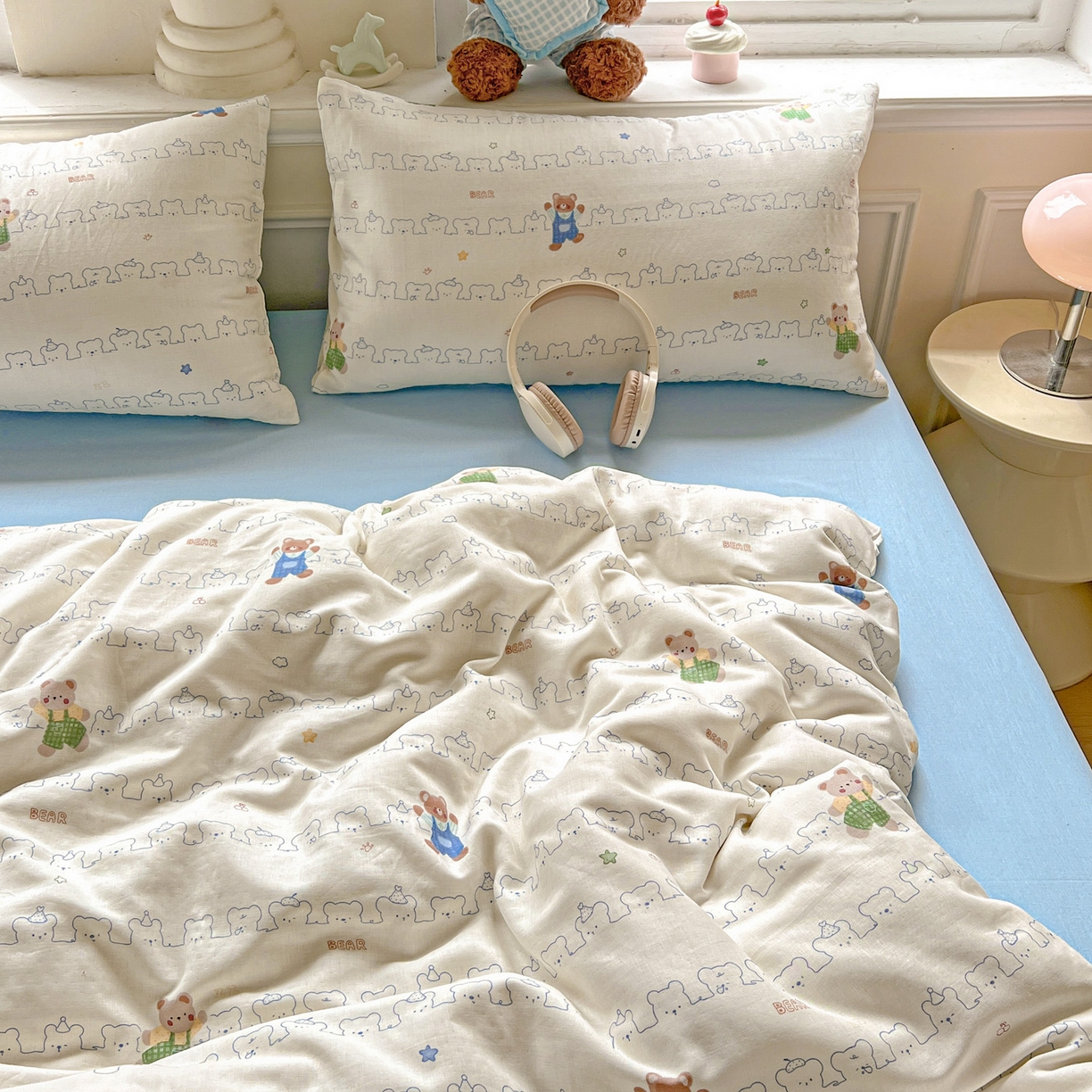 91家纺网 家纺一手货源 找家纺 典曼家纺 2025新款双层纱四件套 假日小熊