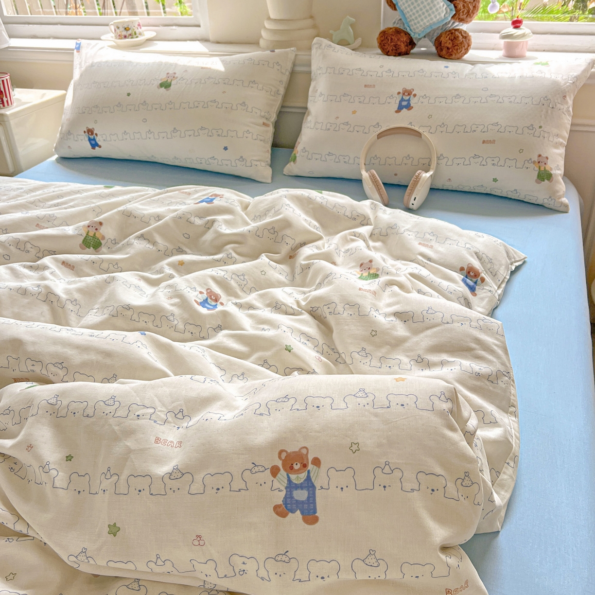 91家纺网 家纺一手货源 找家纺 典曼家纺 2025新款双层纱四件套 假日小熊