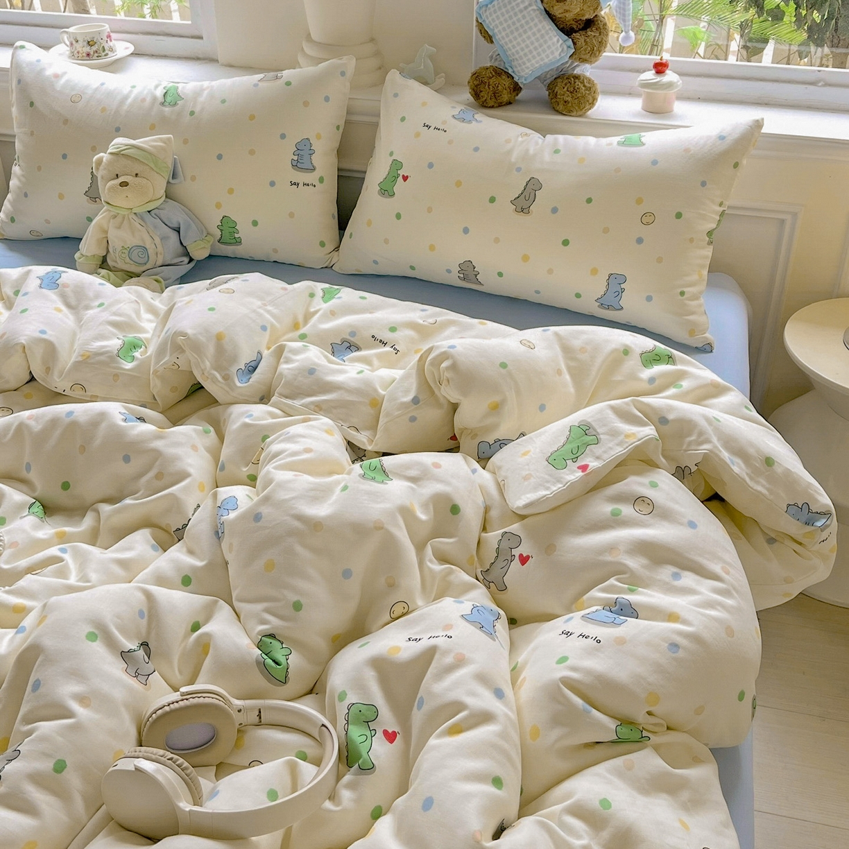 91家纺网 家纺一手货源 找家纺 典曼家纺 2025新款双层纱四件套 恐龙派对