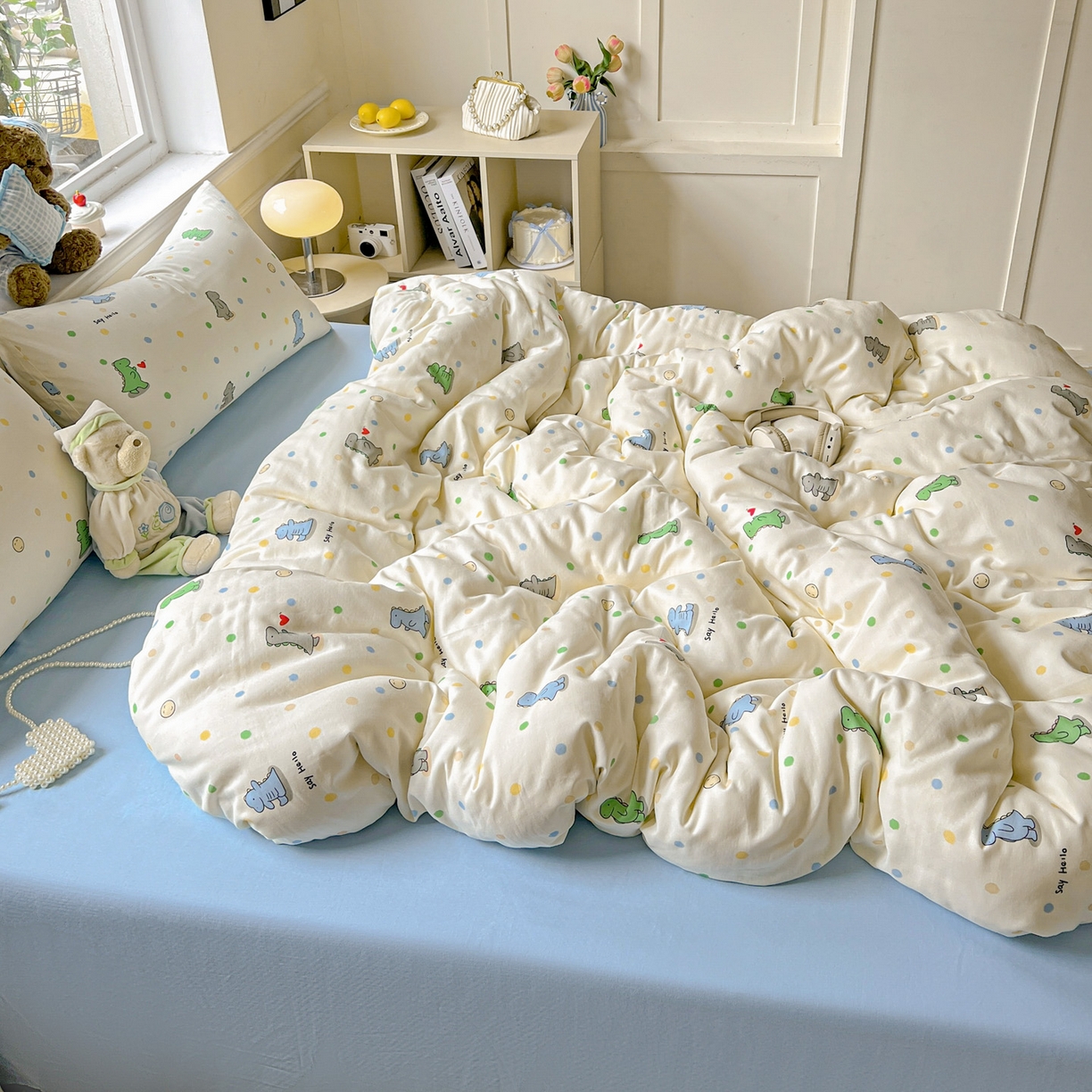 91家纺网 家纺一手货源 找家纺 典曼家纺 2025新款双层纱四件套 恐龙派对