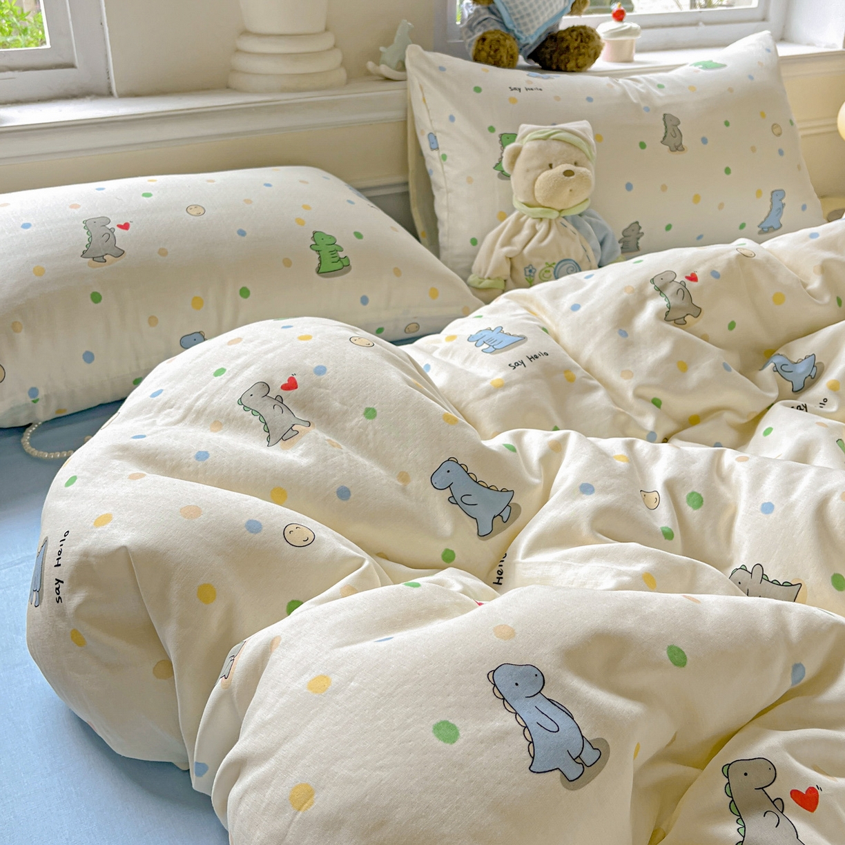 91家纺网 家纺一手货源 找家纺 典曼家纺 2025新款双层纱四件套 恐龙派对