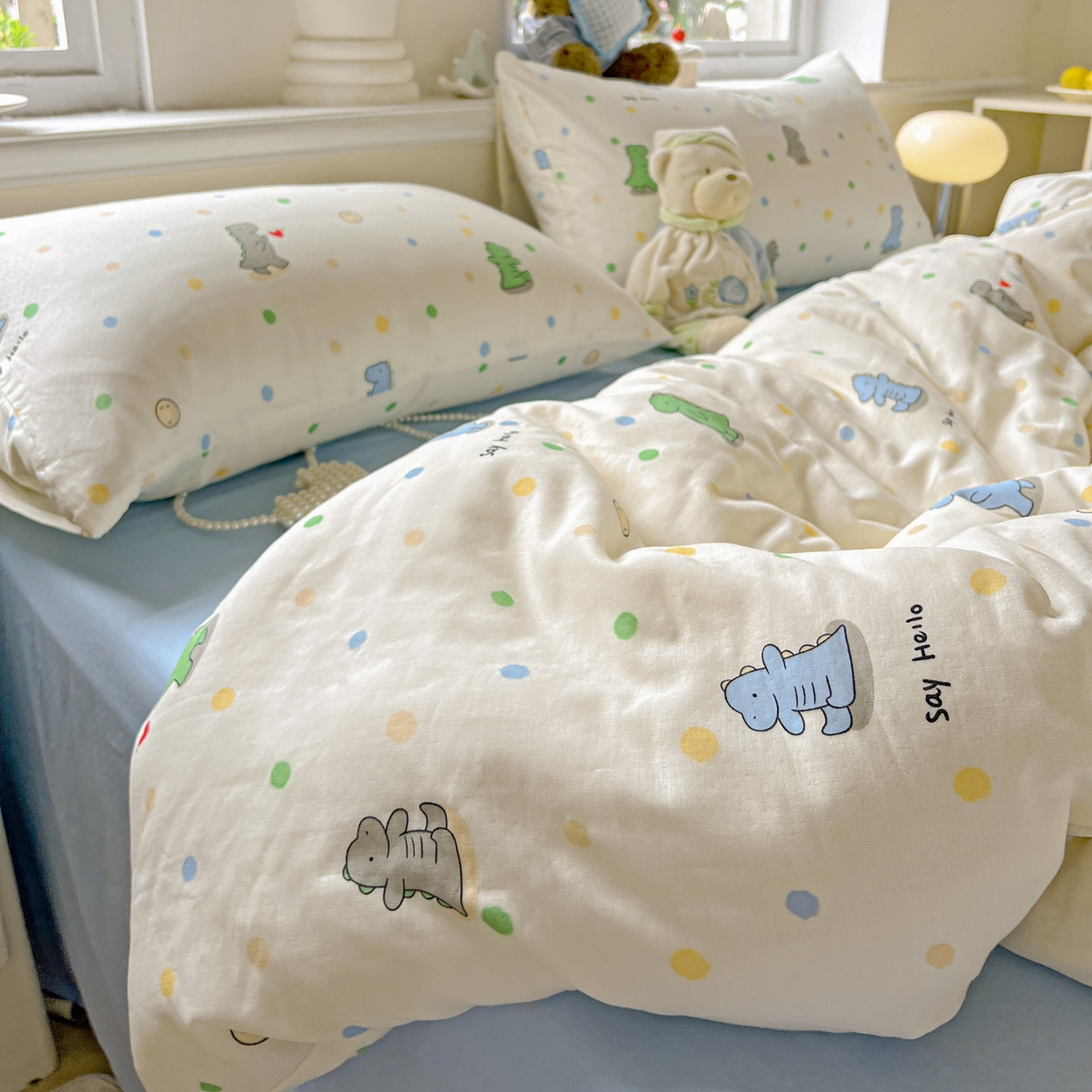 91家纺网 家纺一手货源 找家纺 典曼家纺 2025新款双层纱四件套 恐龙派对