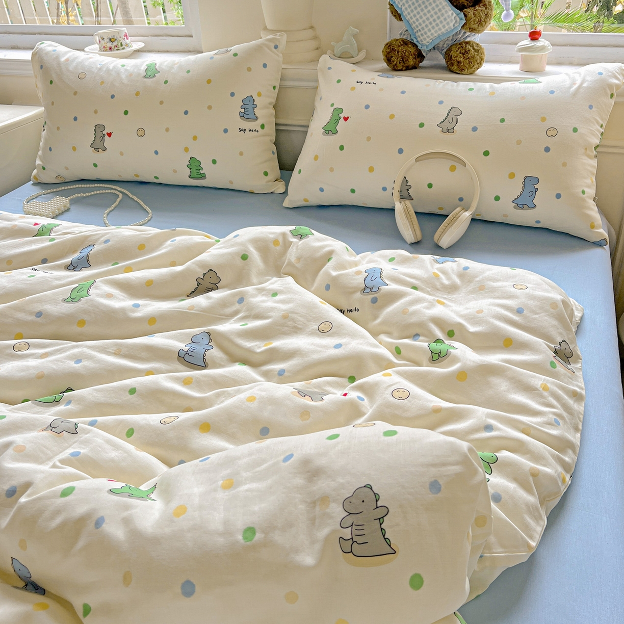 91家纺网 家纺一手货源 找家纺 典曼家纺 2025新款双层纱四件套 恐龙派对