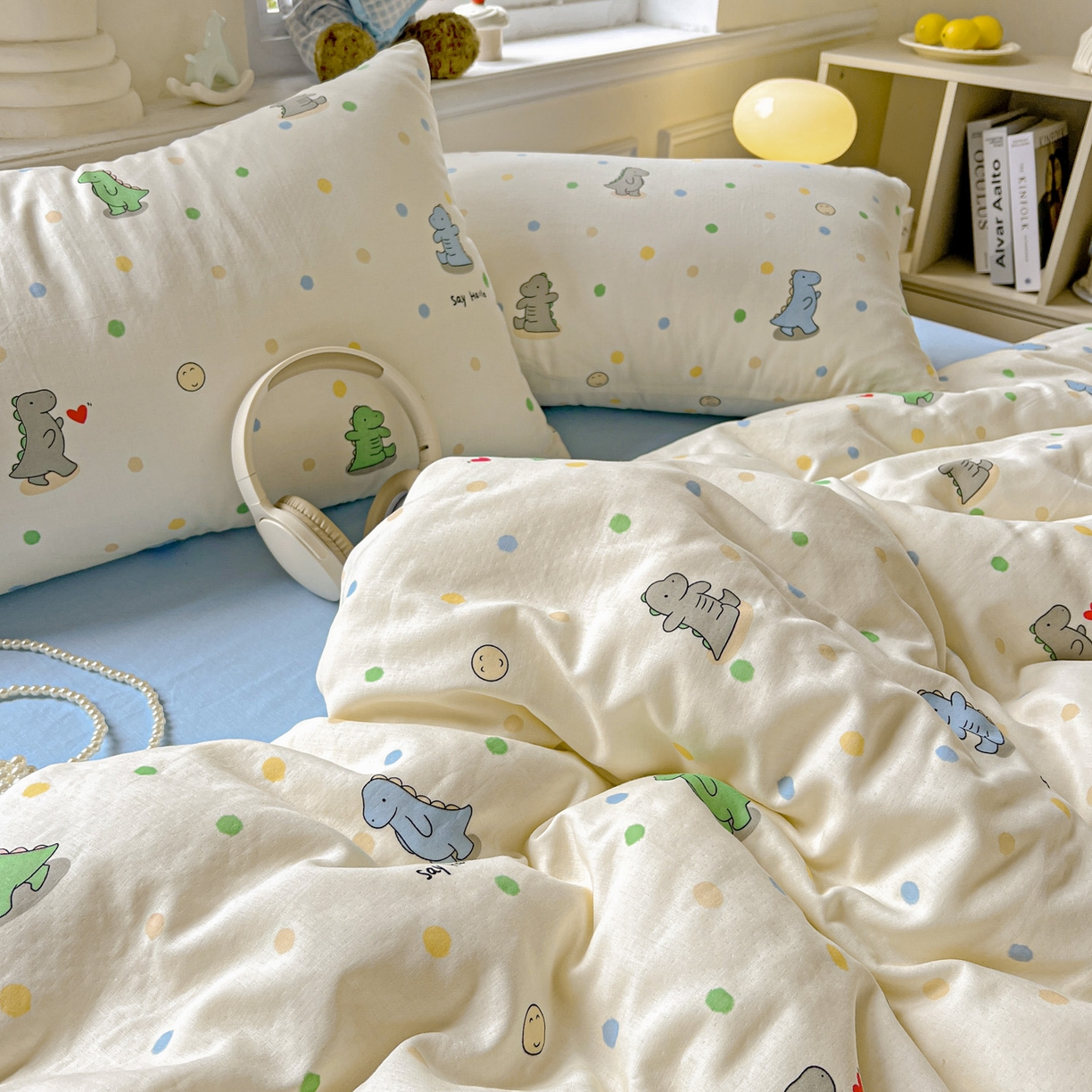 91家纺网 家纺一手货源 找家纺 典曼家纺 2025新款双层纱四件套 恐龙派对