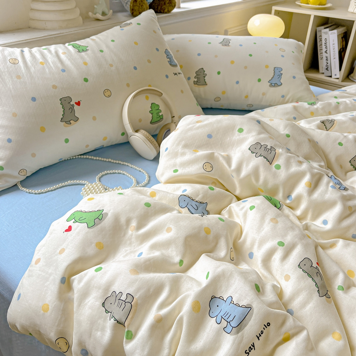 91家纺网 家纺一手货源 找家纺 典曼家纺 2025新款双层纱四件套 恐龙派对