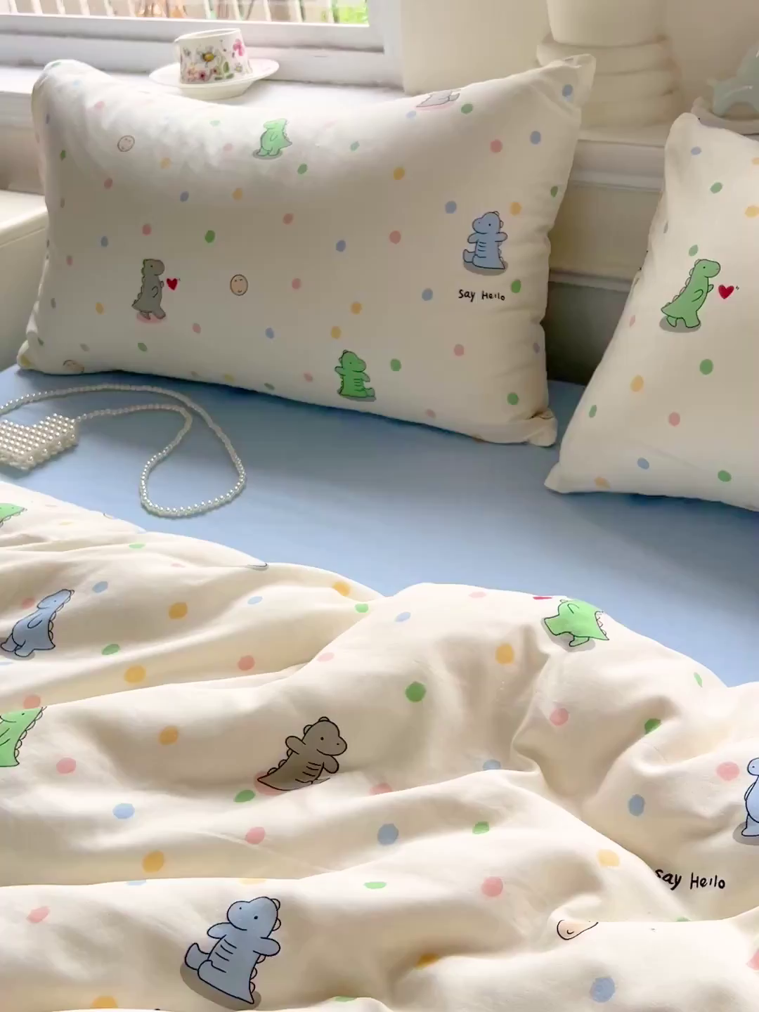 91家纺网 家纺一手货源 找家纺 典曼家纺 2025新款双层纱四件套 恐龙派对