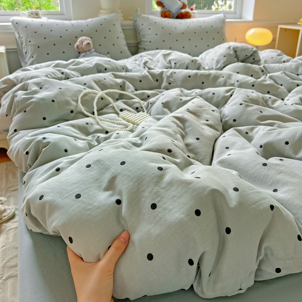 91家纺网 家纺一手货源 找家纺 典曼家纺 2025新款双层纱四件套 抹茶啵啵