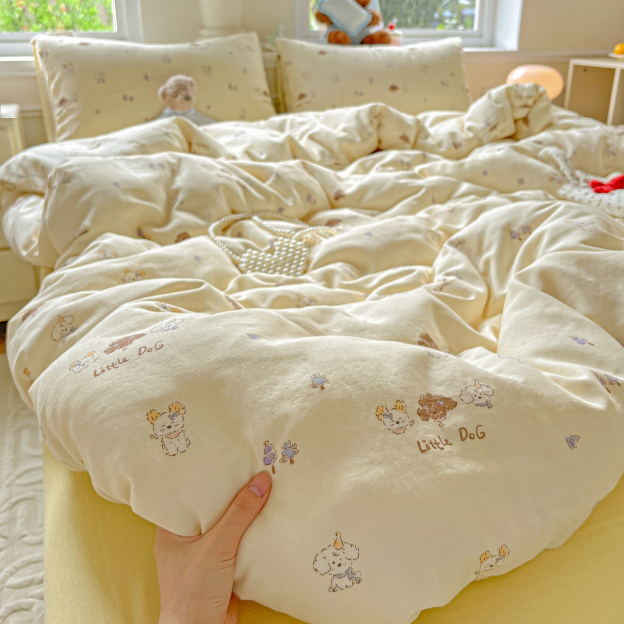 91家纺网 家纺一手货源 找家纺 典曼家纺 2025新款双层纱四件套 奶萌狗