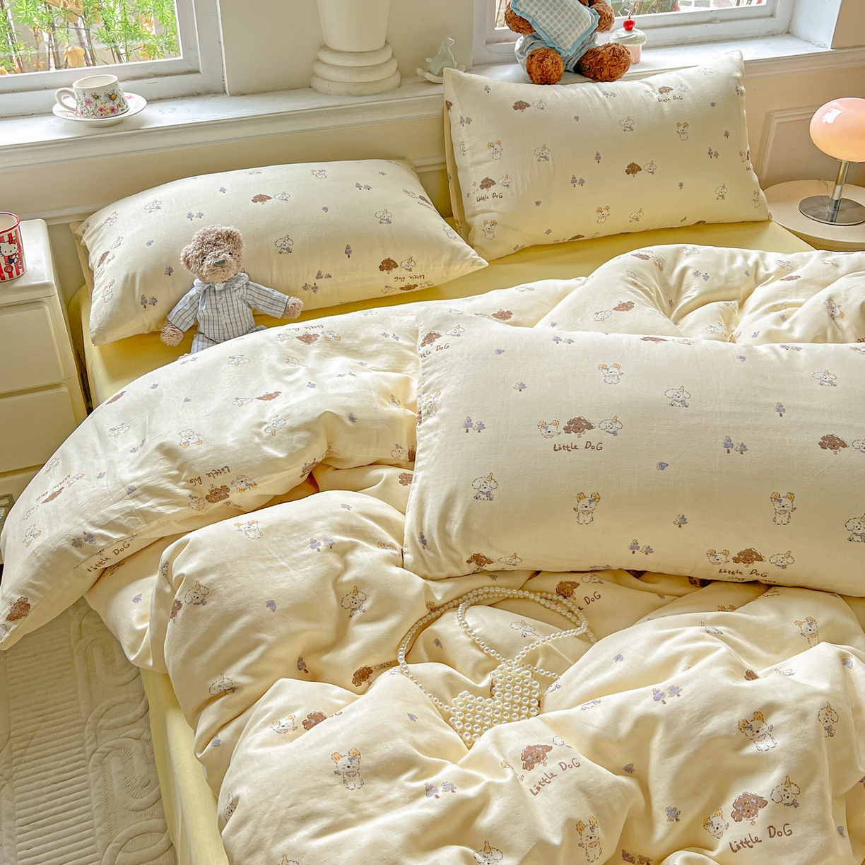 91家纺网 家纺一手货源 找家纺 典曼家纺 2025新款双层纱四件套 奶萌狗