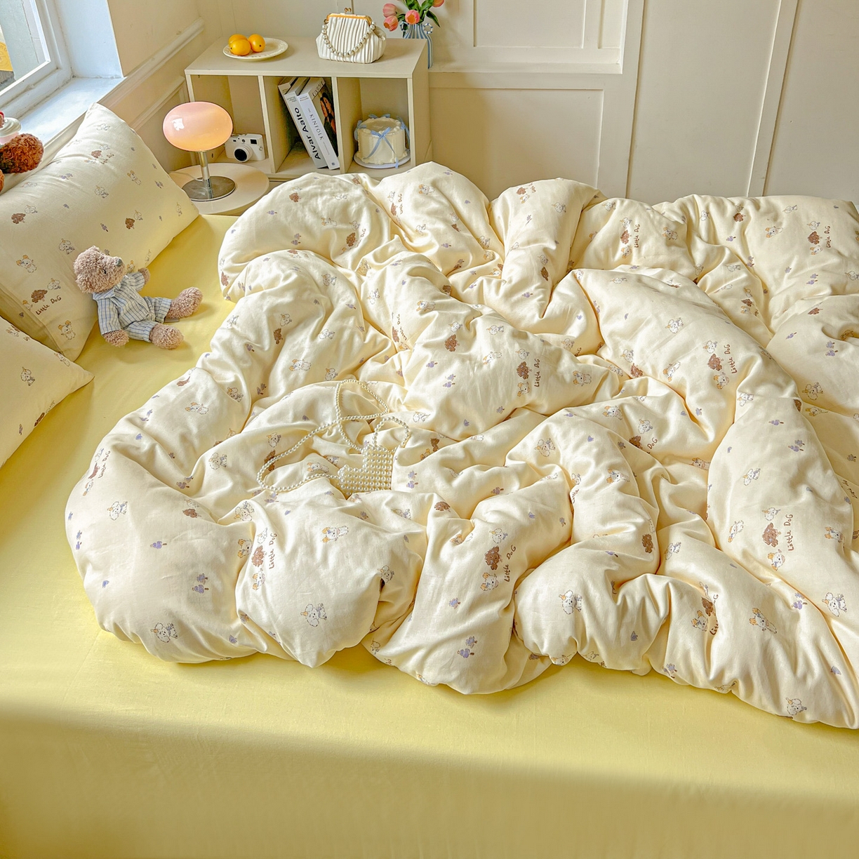 91家纺网 家纺一手货源 找家纺 典曼家纺 2025新款双层纱四件套 奶萌狗