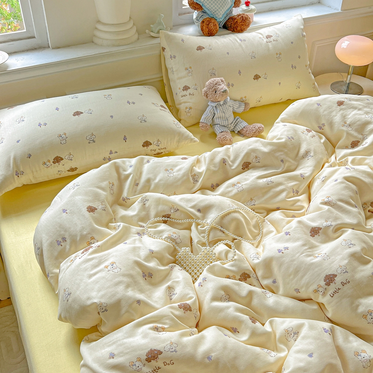 91家纺网 家纺一手货源 找家纺 典曼家纺 2025新款双层纱四件套 奶萌狗