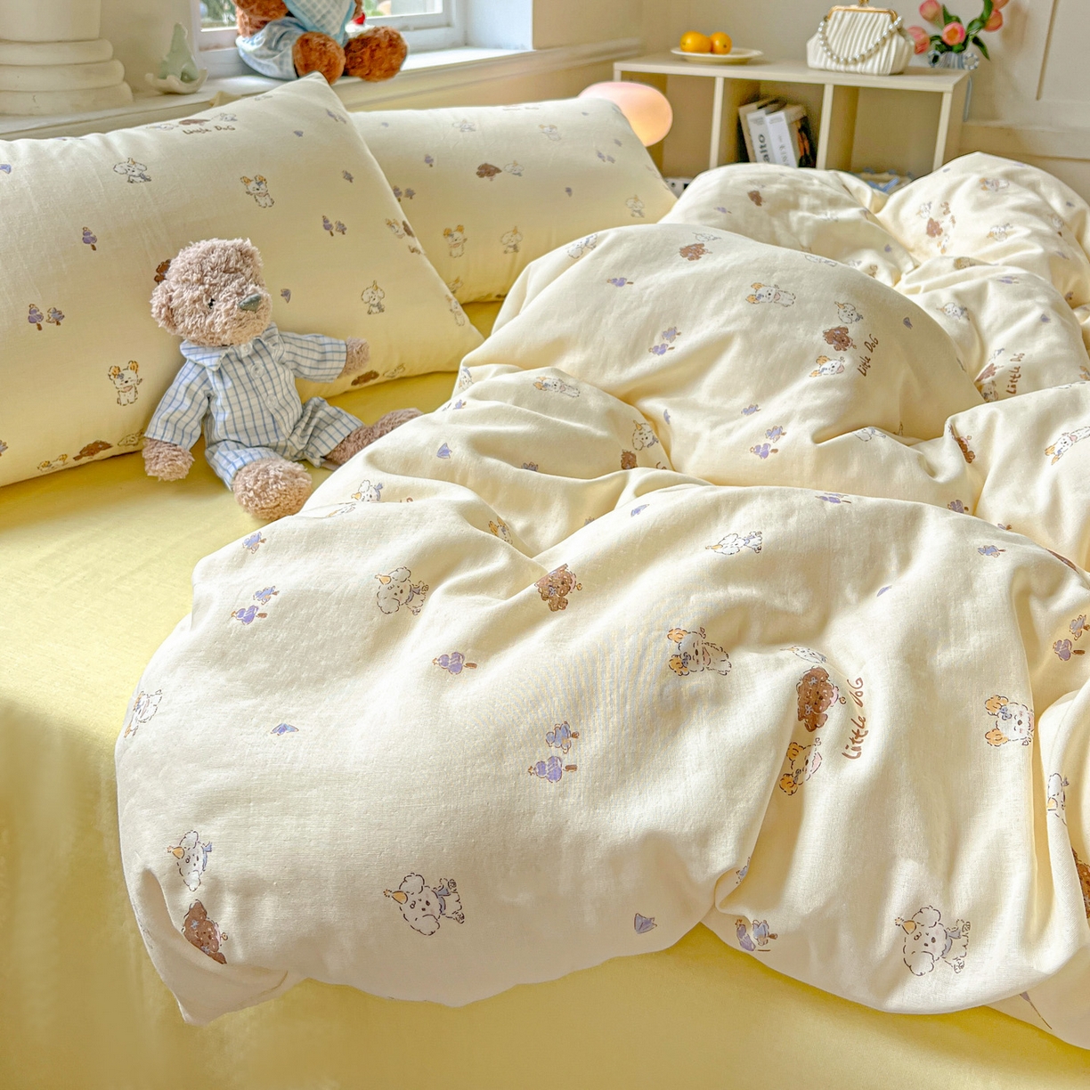 91家纺网 家纺一手货源 找家纺 典曼家纺 2025新款双层纱四件套 奶萌狗