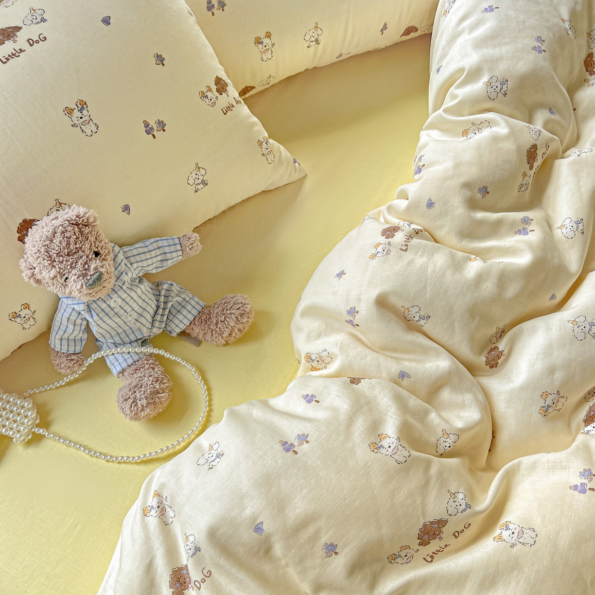 91家纺网 家纺一手货源 找家纺 典曼家纺 2025新款双层纱四件套 奶萌狗