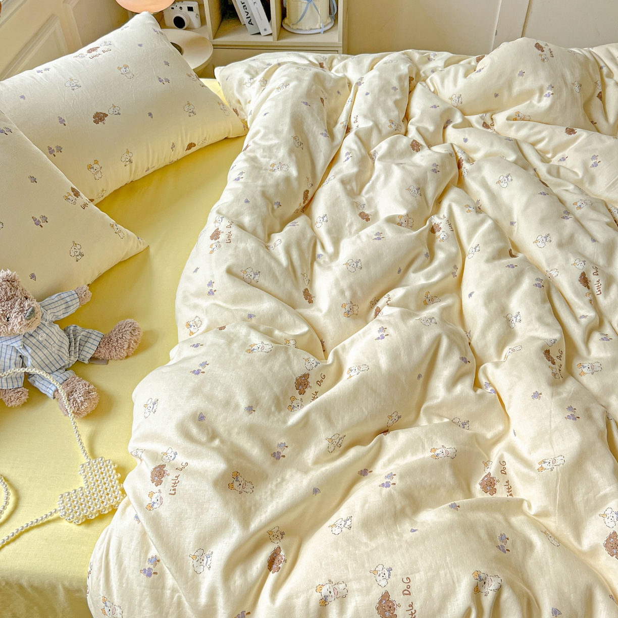 91家纺网 家纺一手货源 找家纺 典曼家纺 2025新款双层纱四件套 奶萌狗