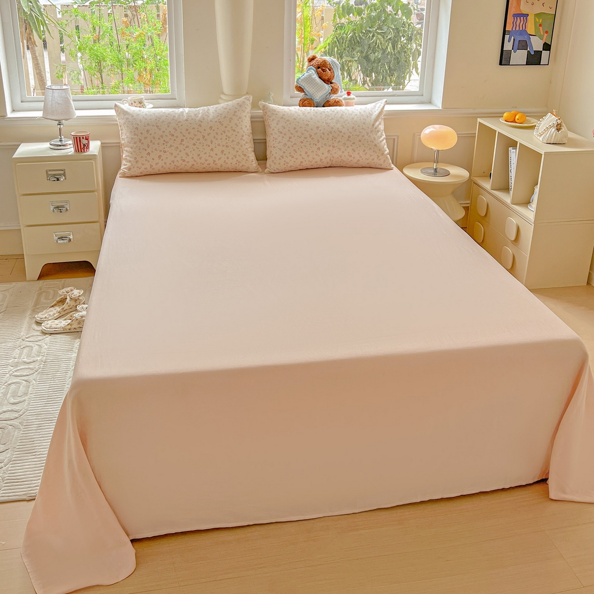 91家纺网 家纺一手货源 找家纺 典曼家纺 2025新款双层纱四件套 桃之夭夭