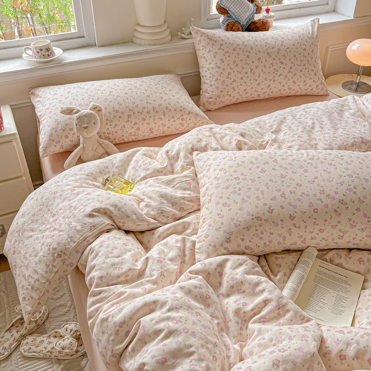 91家纺网 家纺一手货源 找家纺 典曼家纺 2025新款双层纱四件套 桃之夭夭