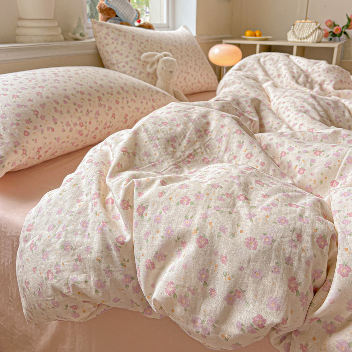 91家纺网 家纺一手货源 找家纺 典曼家纺 2025新款双层纱四件套 桃之夭夭