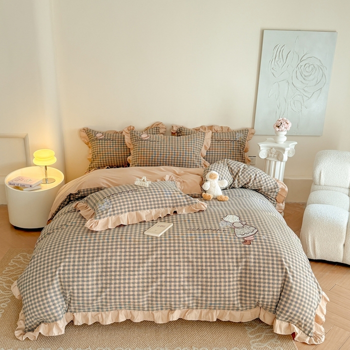 优迈 2025秋冬新款色织水洗棉贴布花边款四件套 童趣-卡其